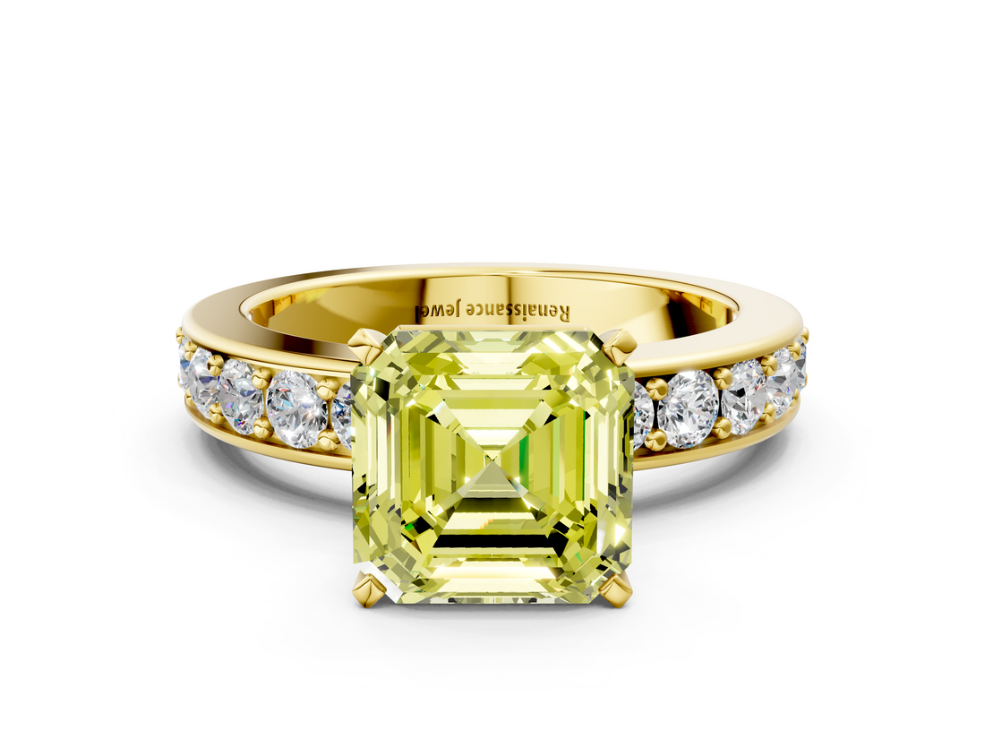 Yellow gold Fancy Yellow Asscher  Cut Channel Set Diamond Engagement Ring with Four-Prong Setting