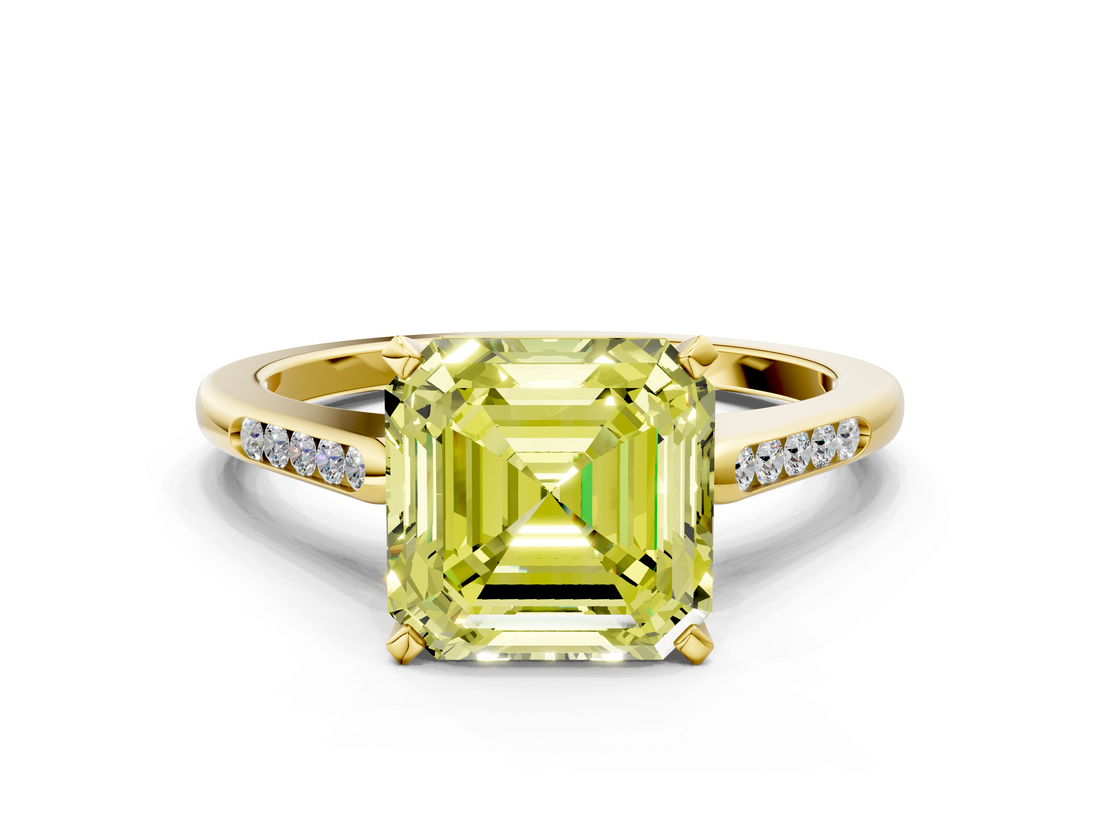Yellow gold Fancy Yellow Asscher  Cut Channel Set Solitaire Engagement Ring with Four-Prong Setting