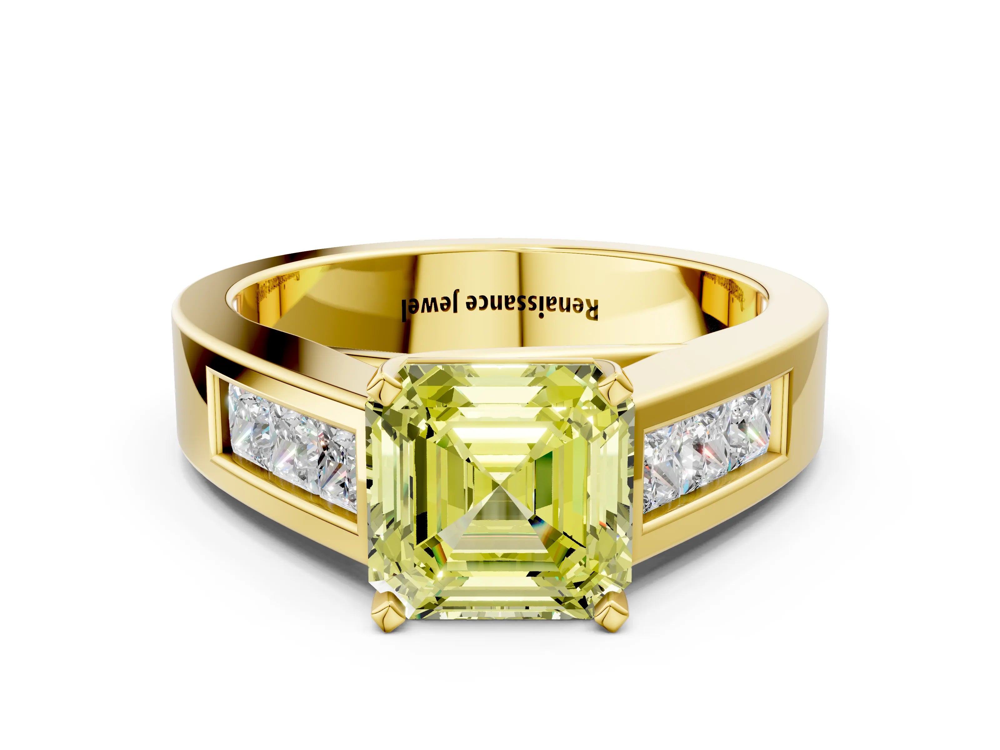 Yellow gold Fancy Yellow Asscher Cut Cut Channel Set Solitaire Ring with Four-Prong Setting