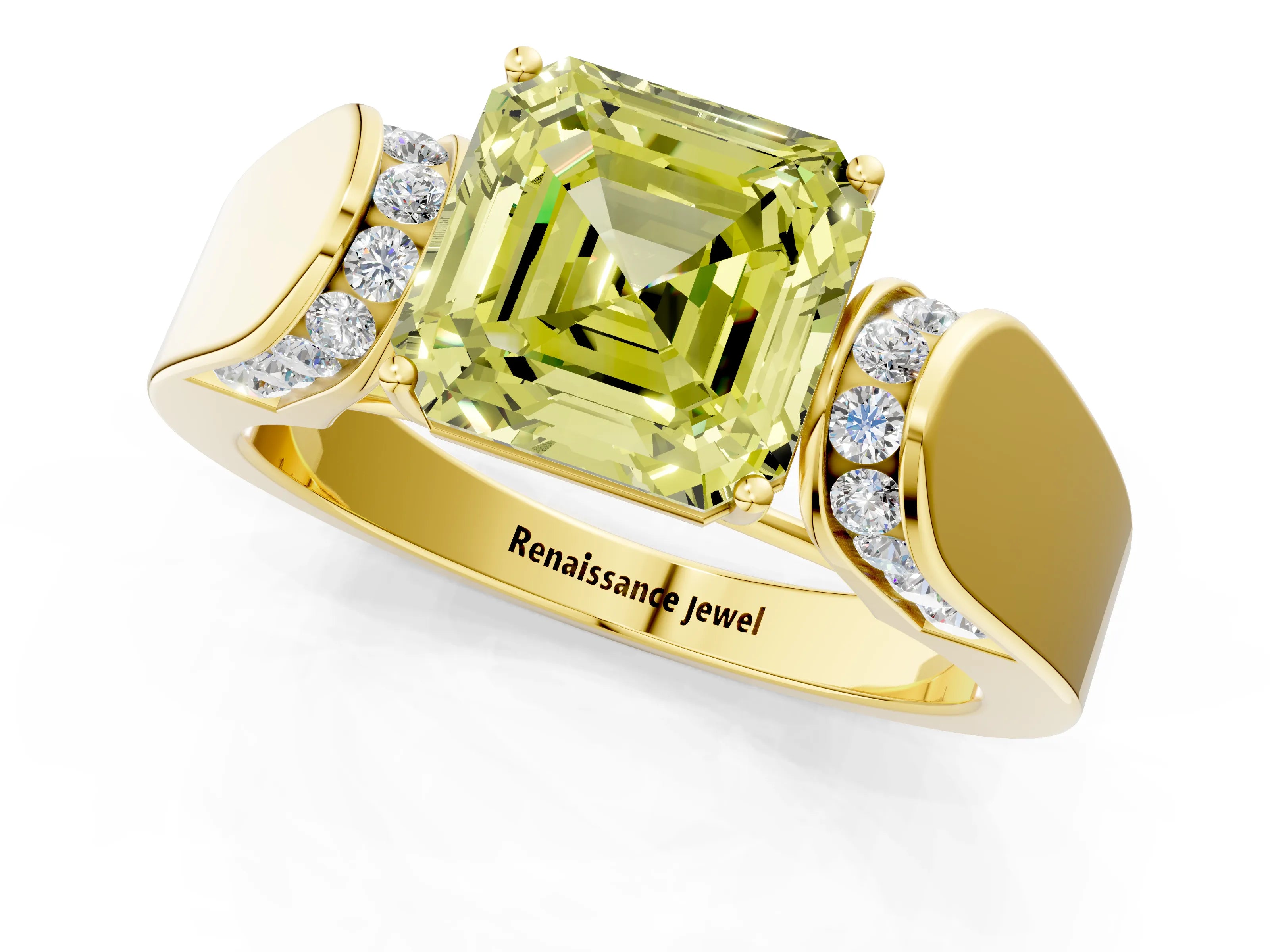 Yellow gold Fancy Yellow Asscher Cut Cut Diamond Channel Set Solitaire Ring with Four-Prong Setting_1