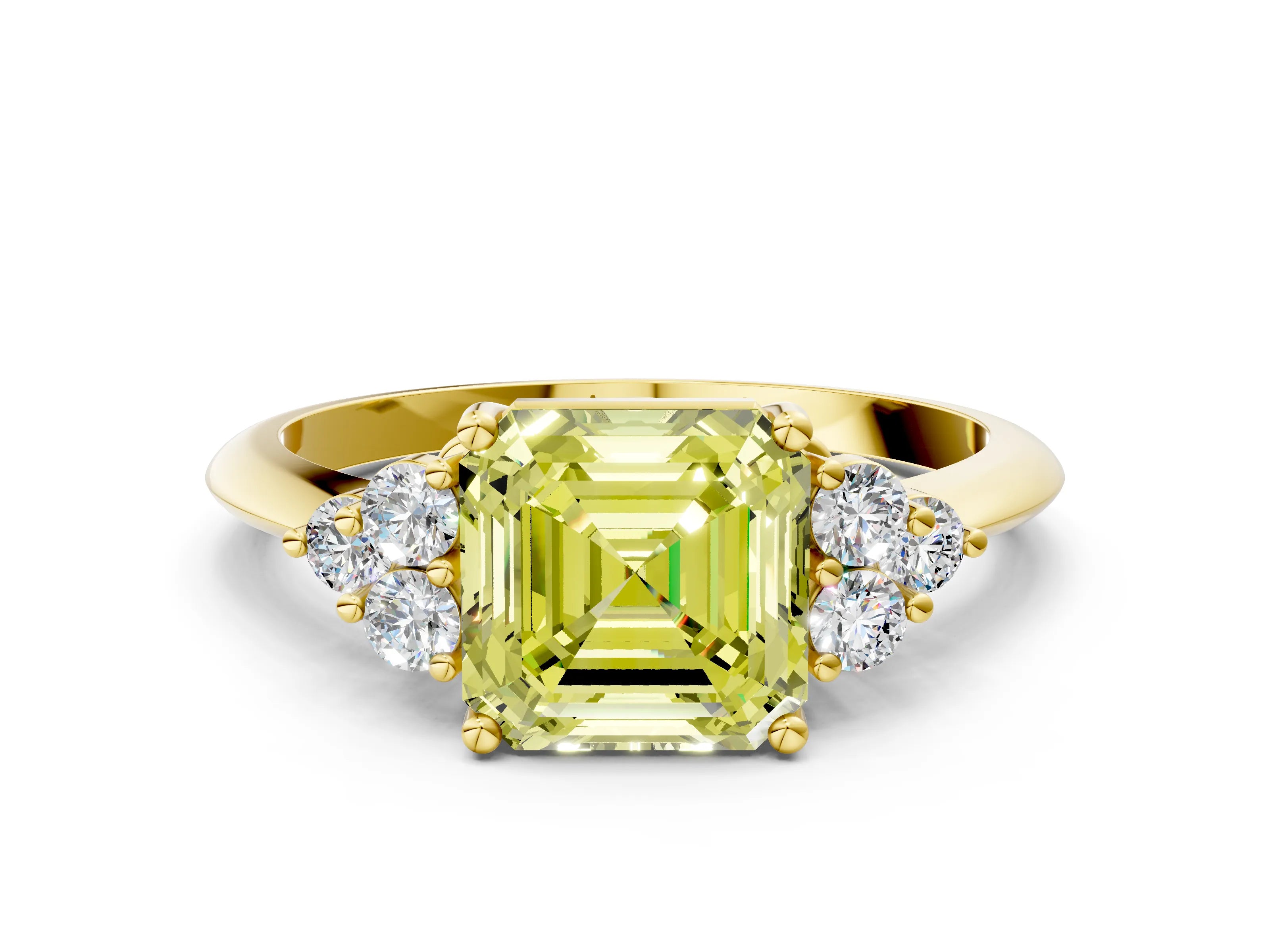 Yellow gold Fancy Yellow Asscher Cut Cut Diamond Cluster Ring with Solitaire Band and Four-Prong Setting