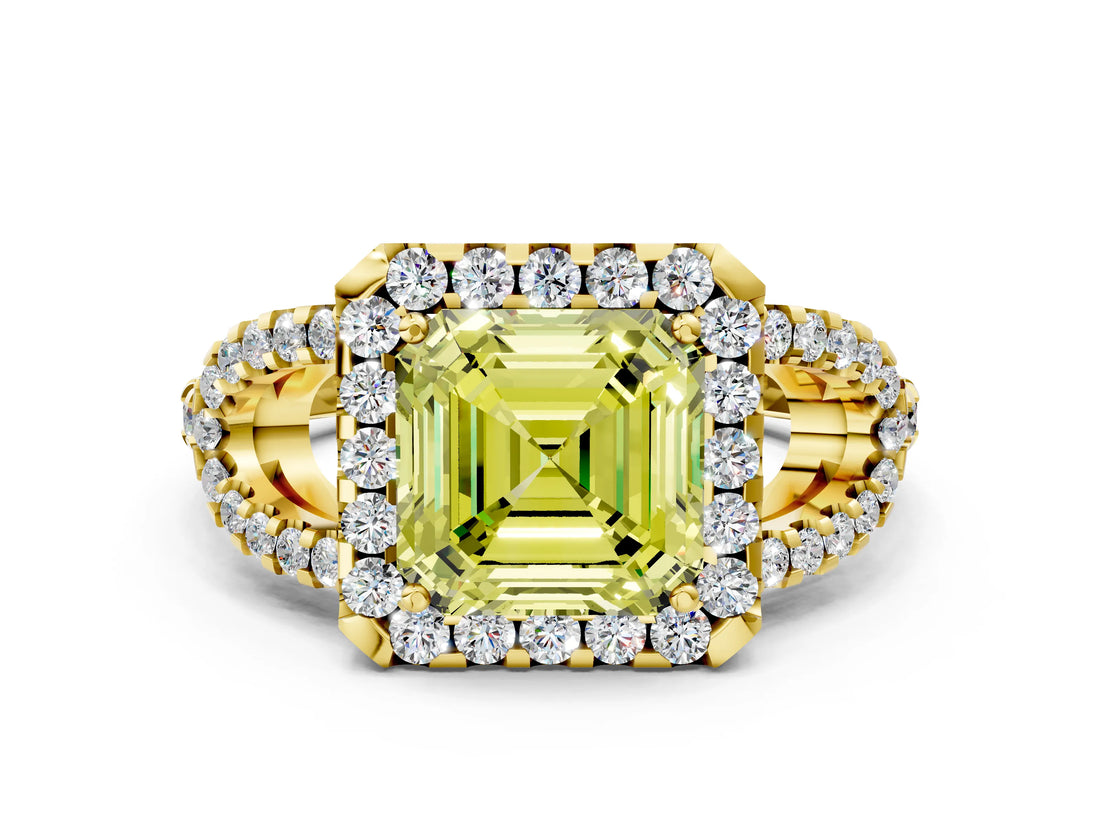 Yellow gold Fancy Yellow Asscher Cut Cut Diamond Halo Engagement Ring with Open Split Pavé Band