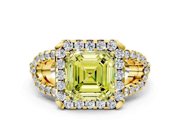 Yellow Gold Asscher Cut Split Shank Pave Halo Engagement Ring Setting for Fancy Yellow Center