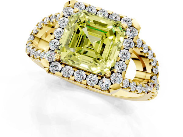 Yellow Gold Asscher Cut Split Shank Pave Halo Engagement Ring Setting for Fancy Yellow Center