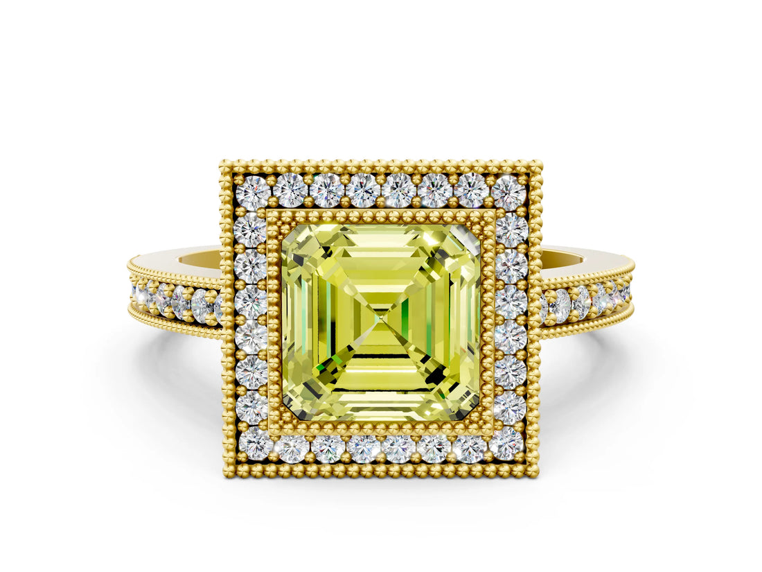 Yellow gold Fancy Yellow Asscher Cut-Cut Diamond Halo Engagement Ring with Pave Band and Prong Setting