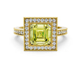 Yellow gold Fancy Yellow Asscher Cut-Cut Diamond Halo Engagement Ring with Pave Band and Prong Setting