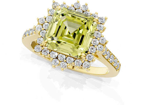 Yellow gold Fancy Yellow Asscher Cut Cut Diamond Sunburst Halo Engagement Ring with Pavé Band_1