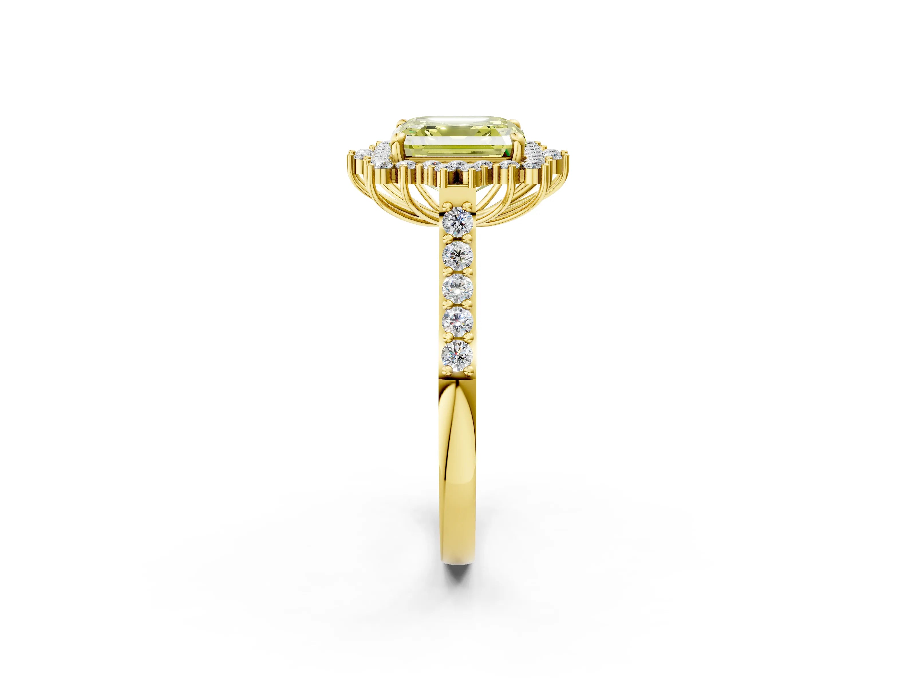 Yellow gold Fancy Yellow Asscher Cut Cut Diamond Sunburst Halo Engagement Ring with Pavé Band_2