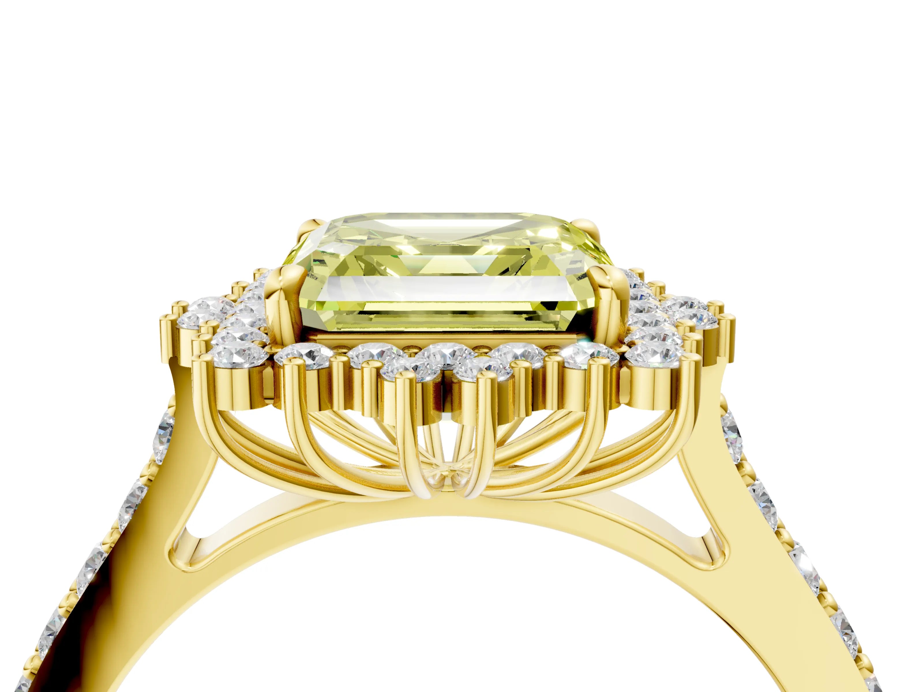 Yellow gold Fancy Yellow Asscher Cut Cut Diamond Sunburst Halo Engagement Ring with Pavé Band_4