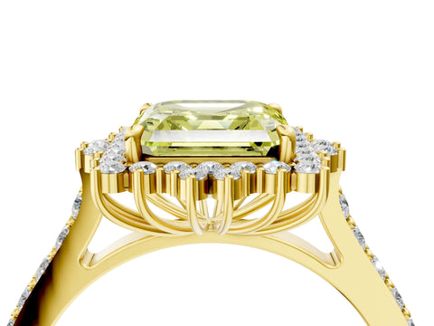 Yellow gold Fancy Yellow Asscher Cut Cut Diamond Sunburst Halo Engagement Ring with Pavé Band_4