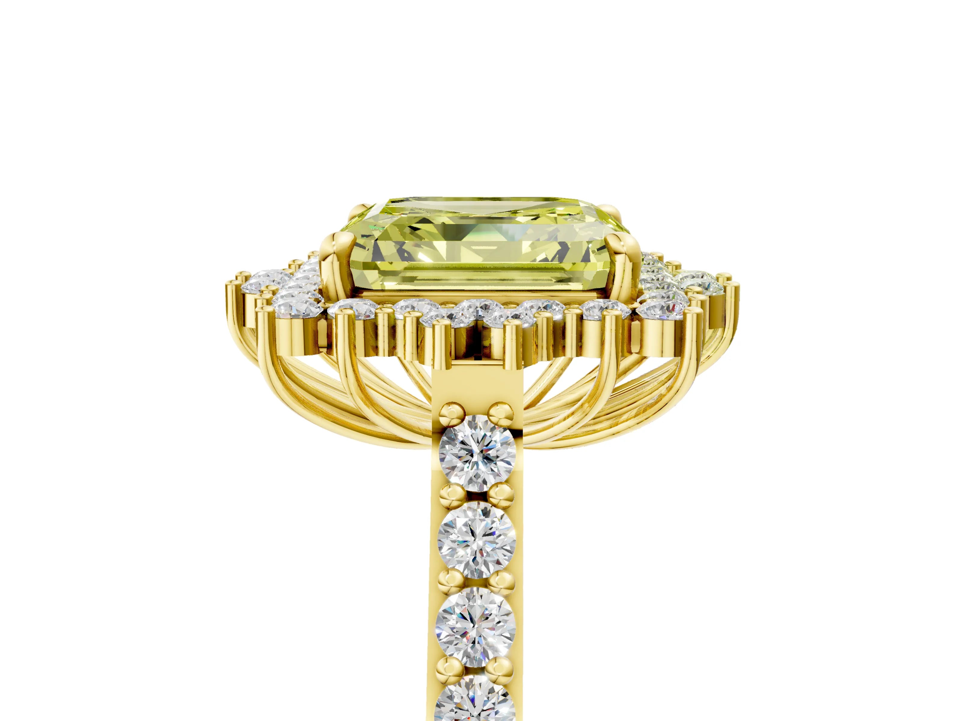 Yellow gold Fancy Yellow Asscher Cut Cut Diamond Sunburst Halo Engagement Ring with Pavé Band_5