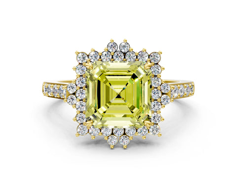 Yellow gold Fancy Yellow Asscher Cut Cut Diamond Sunburst Halo Engagement Ring with Pavé Band