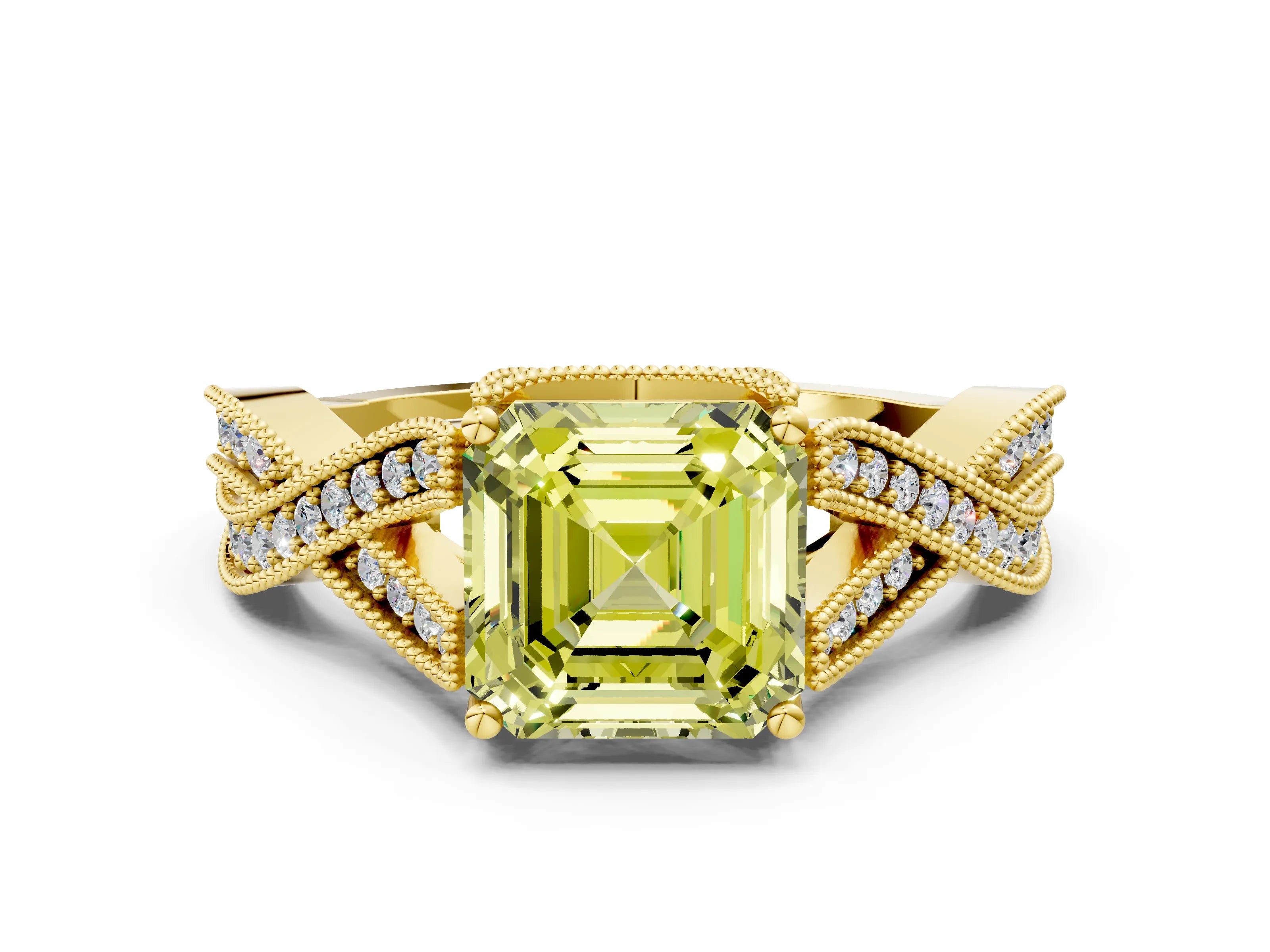 Yellow gold Fancy Yellow Asscher Cut Cut Diamond Twisted Band with Milgrain Pave Setting and Four-Prong Setting