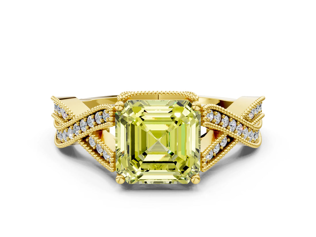Yellow gold Fancy Yellow Asscher Cut Cut Diamond Twisted Band with Milgrain Pave Setting and Four-Prong Setting