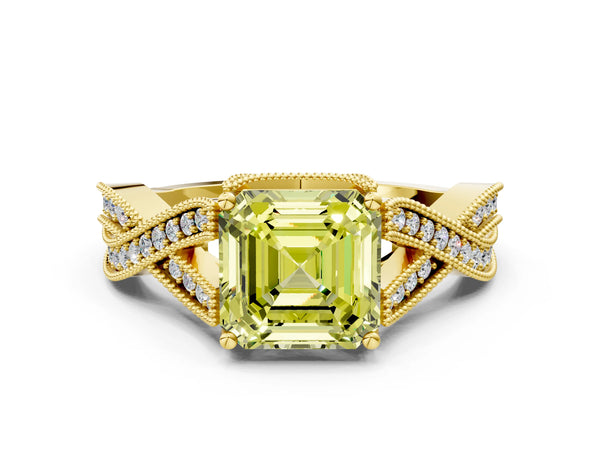 Yellow Gold Asscher Cut Graduated Pave Twist Engagement Ring Setting for Fancy Yellow Center