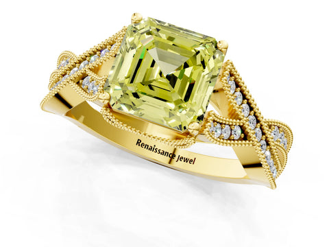 Yellow gold Fancy Yellow Asscher Cut Cut Diamond Twisted Band with Milgrain Pave Setting and Four-Prong Setting_1