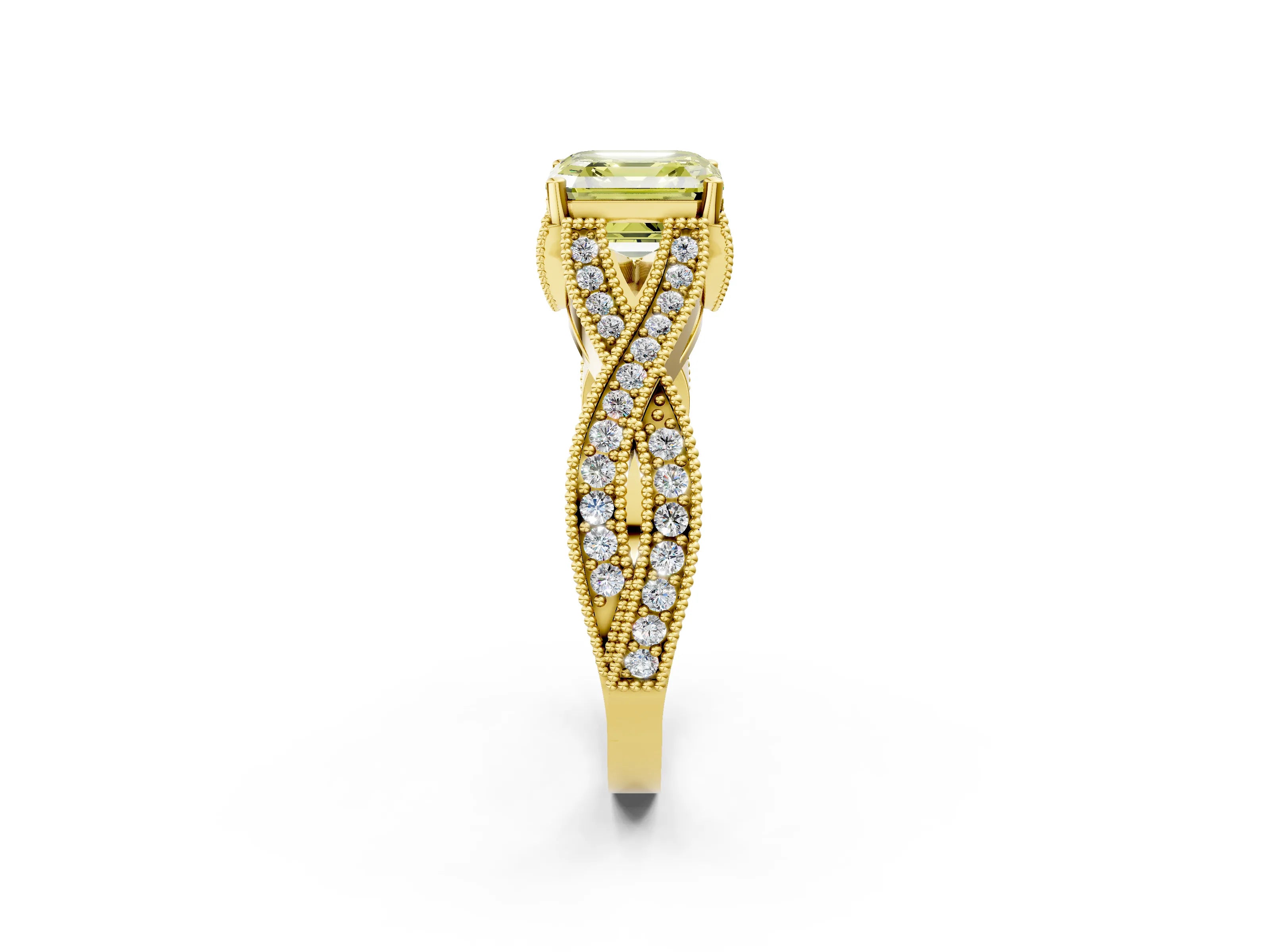 Yellow gold Fancy Yellow Asscher Cut Cut Diamond Twisted Band with Milgrain Pave Setting and Four-Prong Setting_2