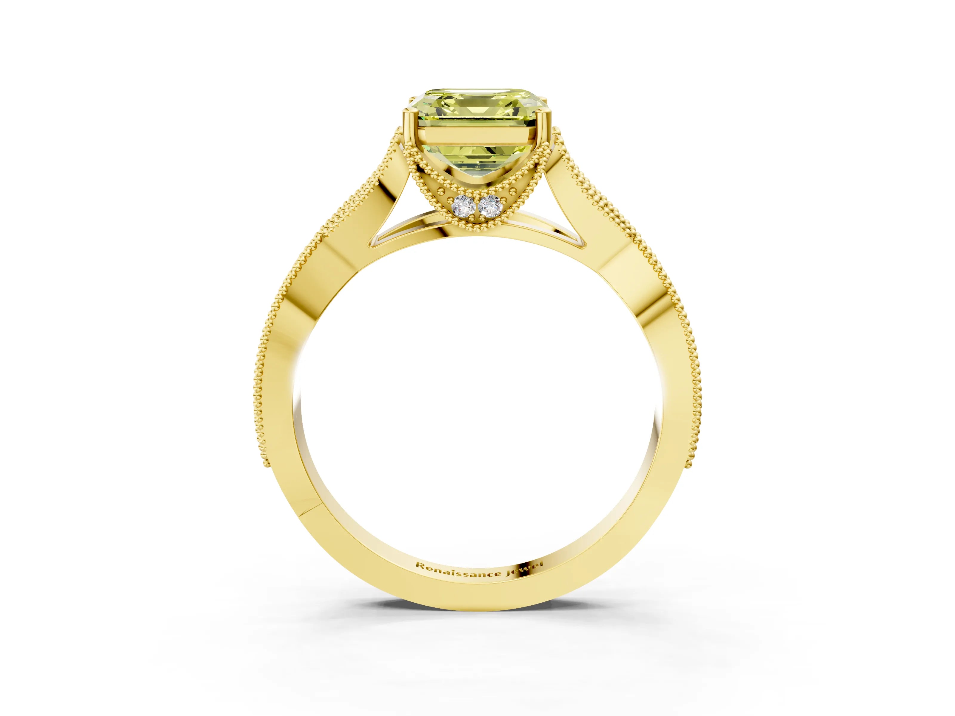 Yellow gold Fancy Yellow Asscher Cut Cut Diamond Twisted Band with Milgrain Pave Setting and Four-Prong Setting_3