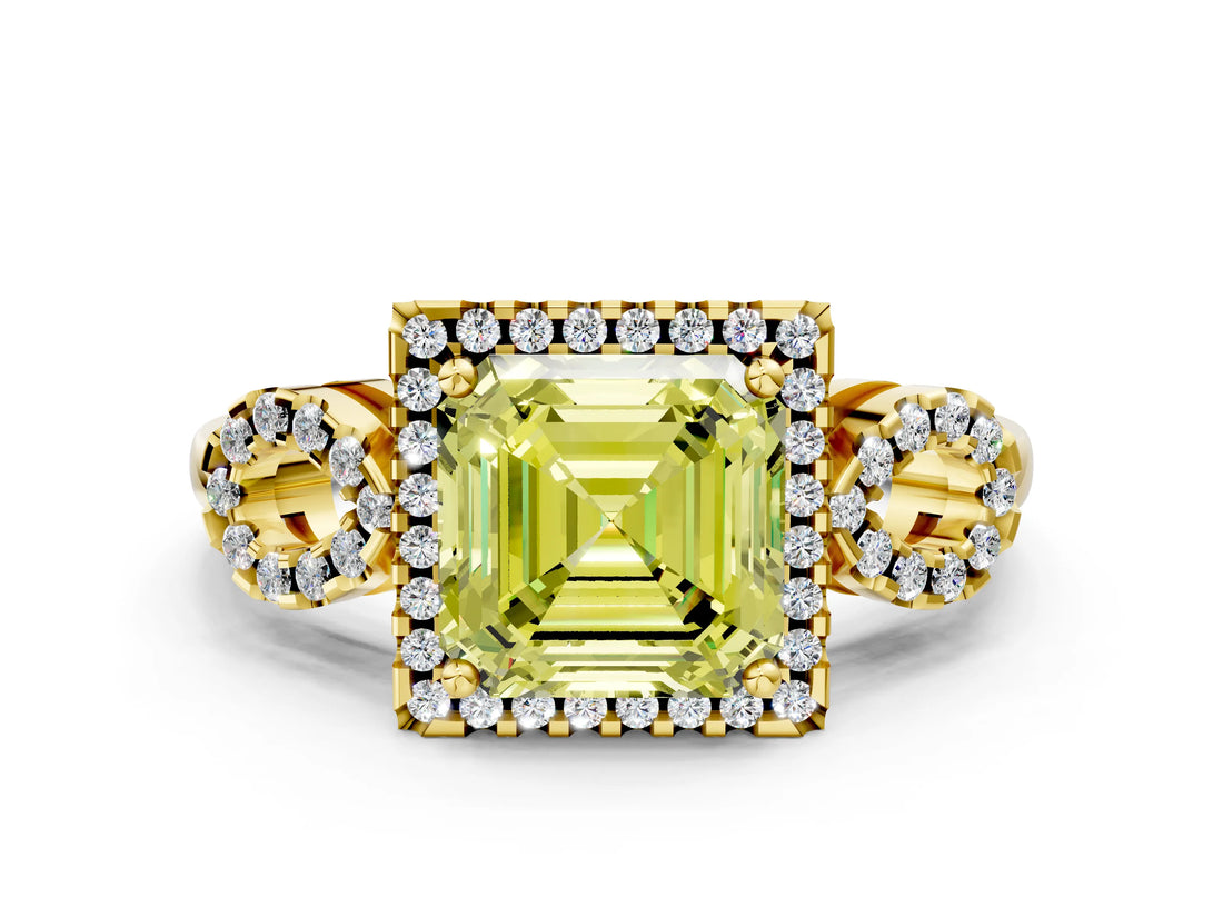 Yellow gold Fancy Yellow Asscher Cut Cut Halo Diamond Infinity Band with Four-Prong Setting
