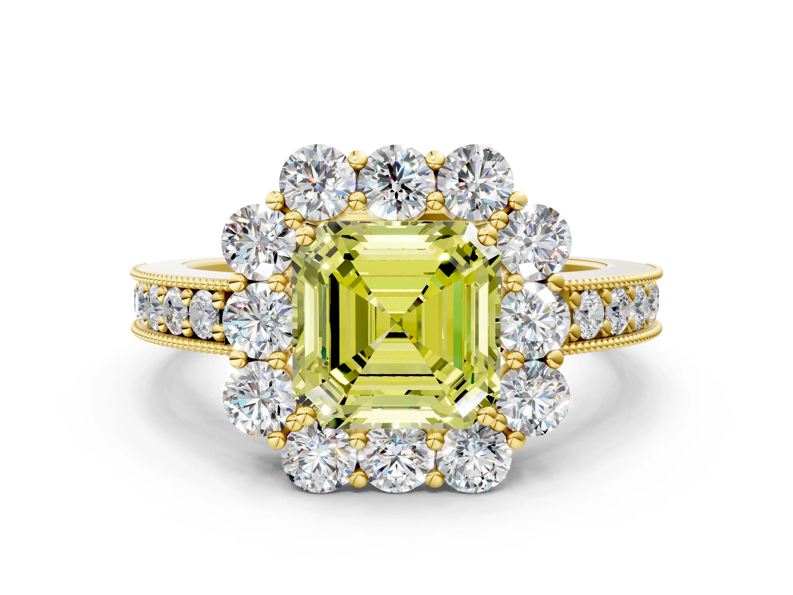 Yellow gold Fancy Yellow Asscher Cut Cut Halo Diamond Pavé Engagement Ring with Milgrain Detailing