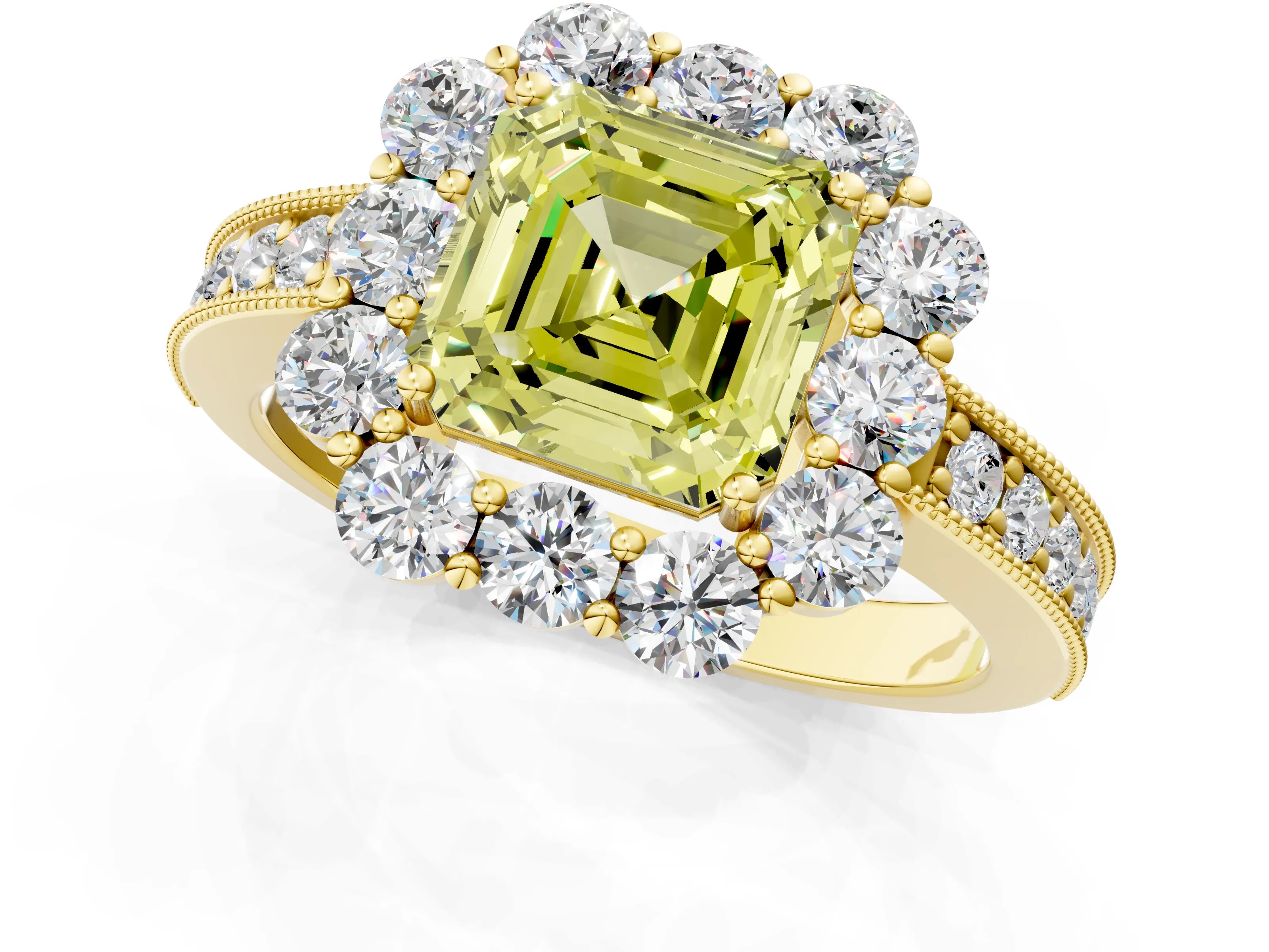 Yellow gold Fancy Yellow Asscher Cut Cut Halo Diamond Pavé Engagement Ring with Milgrain Detailing_1
