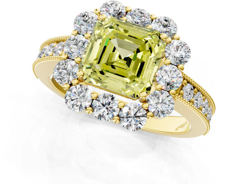 Yellow gold Fancy Yellow Asscher Cut Cut Halo Diamond Pavé Engagement Ring with Milgrain Detailing_1
