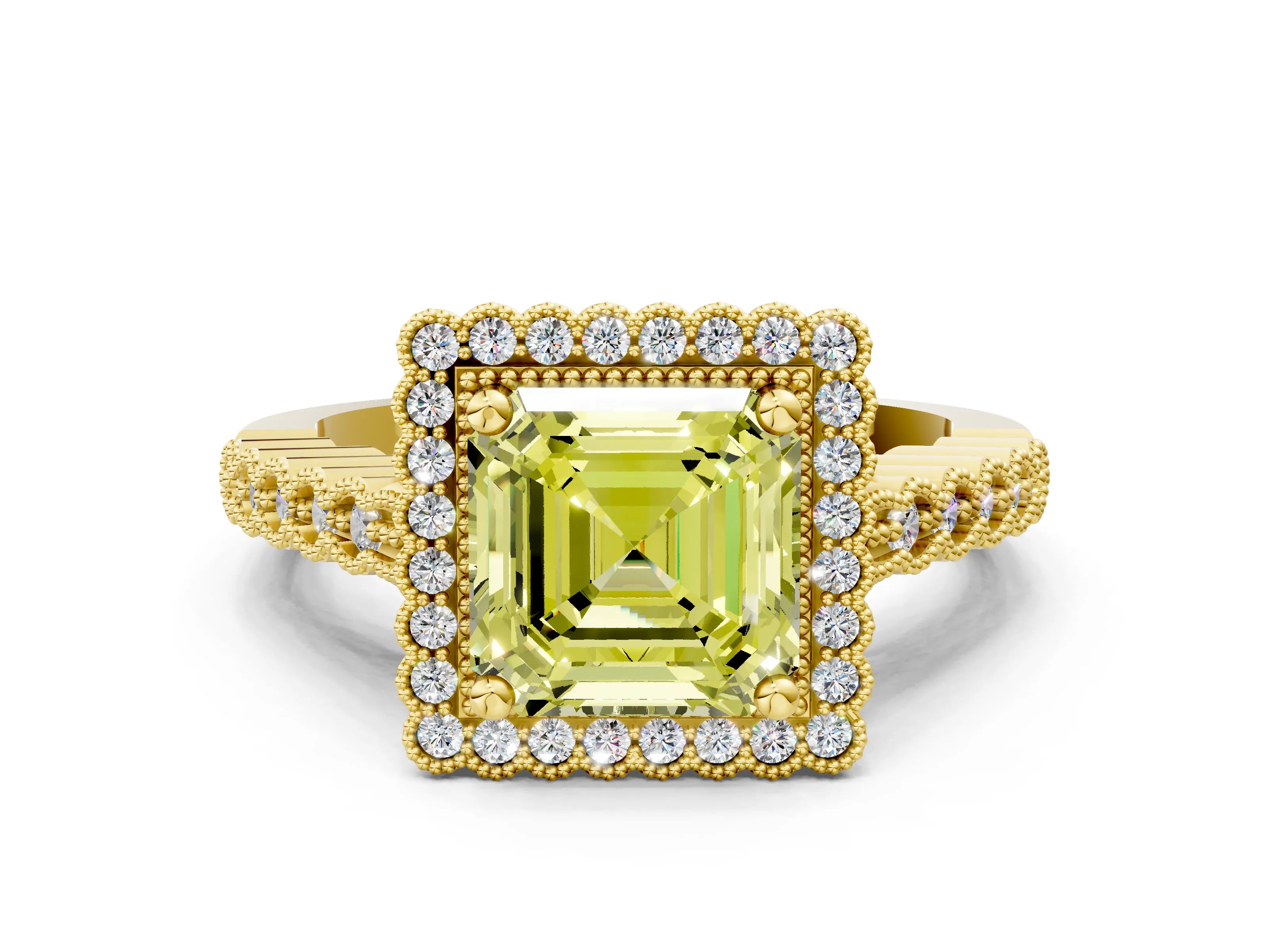 Yellow gold Fancy Yellow Asscher Cut Cut Halo Pavé Solitaire Ring with Milgrain Band