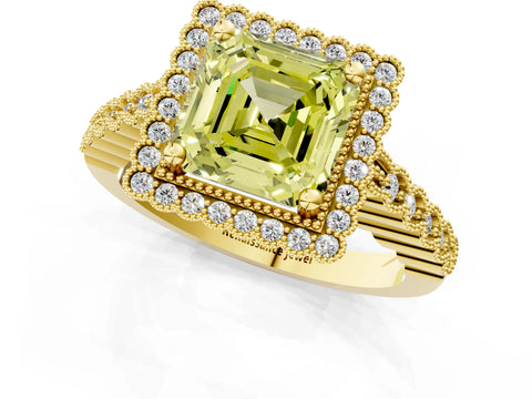 Yellow gold Fancy Yellow Asscher Cut Cut Halo Pavé Solitaire Ring with Milgrain Band_1