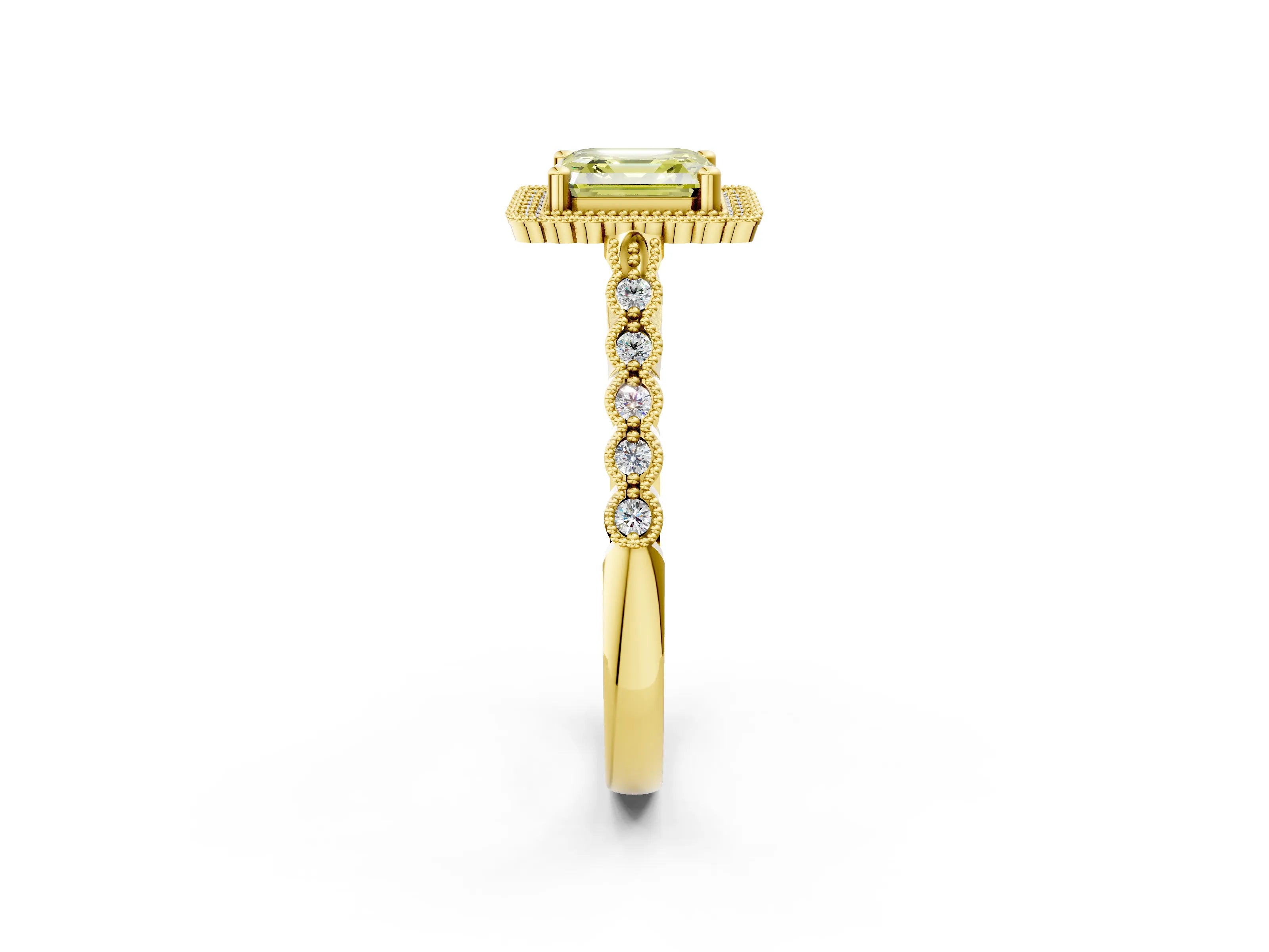 Yellow gold Fancy Yellow Asscher Cut Cut Halo Pavé Solitaire Ring with Milgrain Band_2