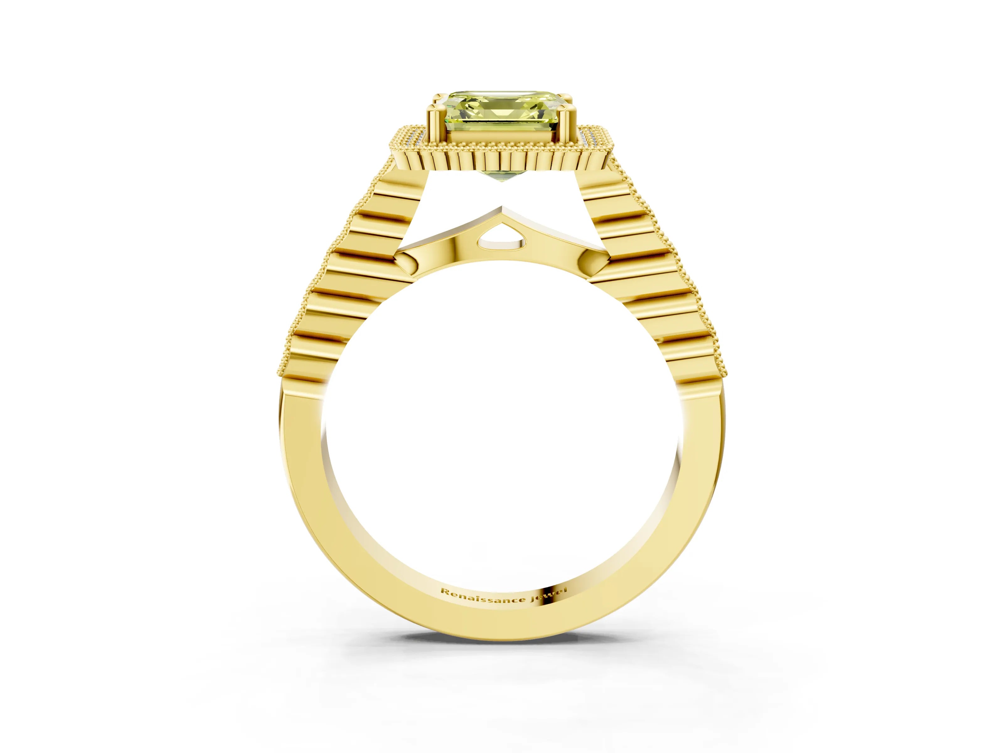 Yellow gold Fancy Yellow Asscher Cut Cut Halo Pavé Solitaire Ring with Milgrain Band_3