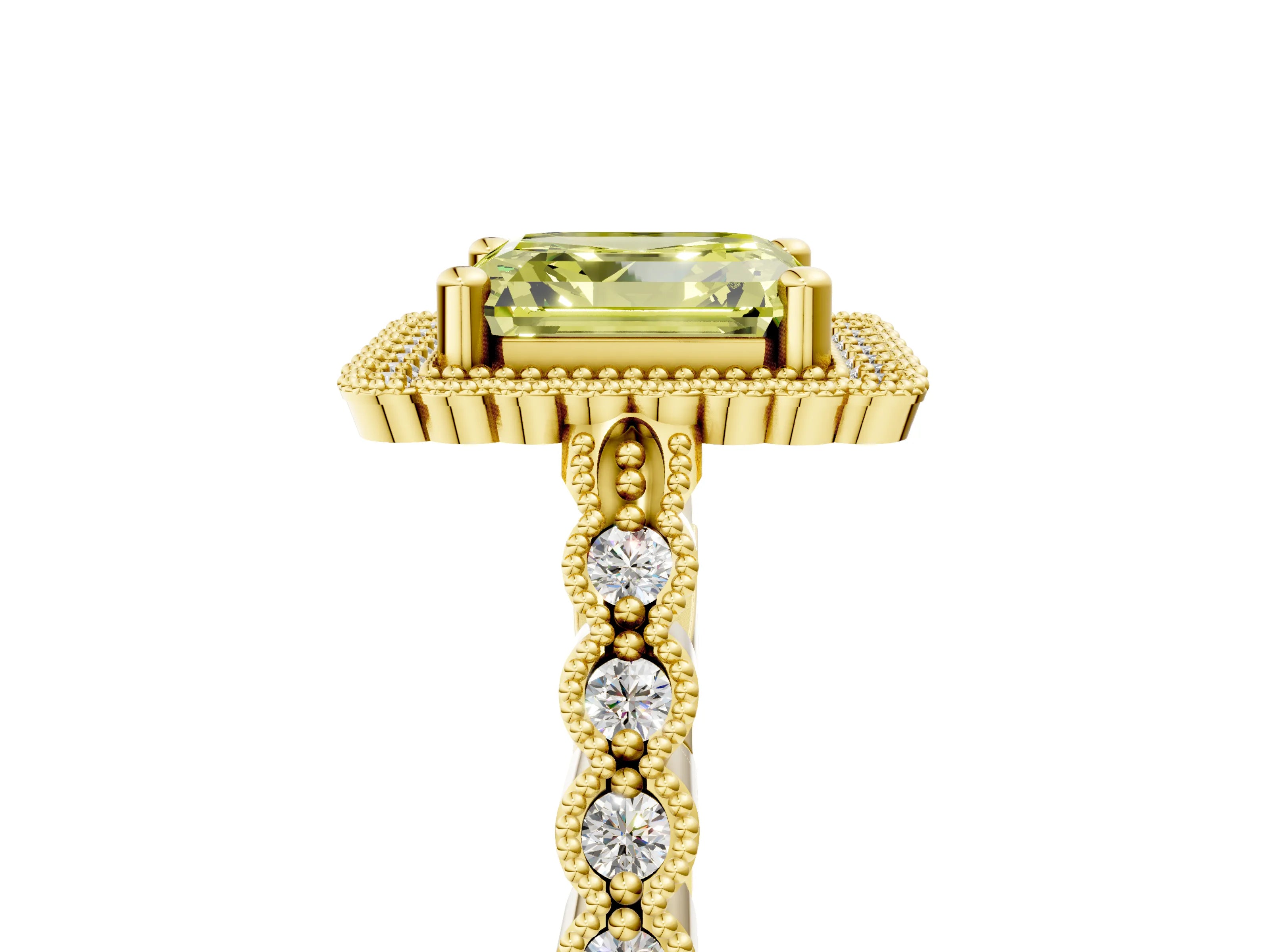 Yellow gold Fancy Yellow Asscher Cut Cut Halo Pavé Solitaire Ring with Milgrain Band_5