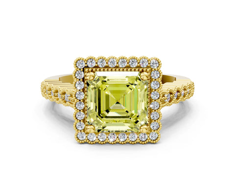 Yellow gold Fancy Yellow Asscher Cut Cut Halo Pavé Solitaire Ring with Milgrain Band