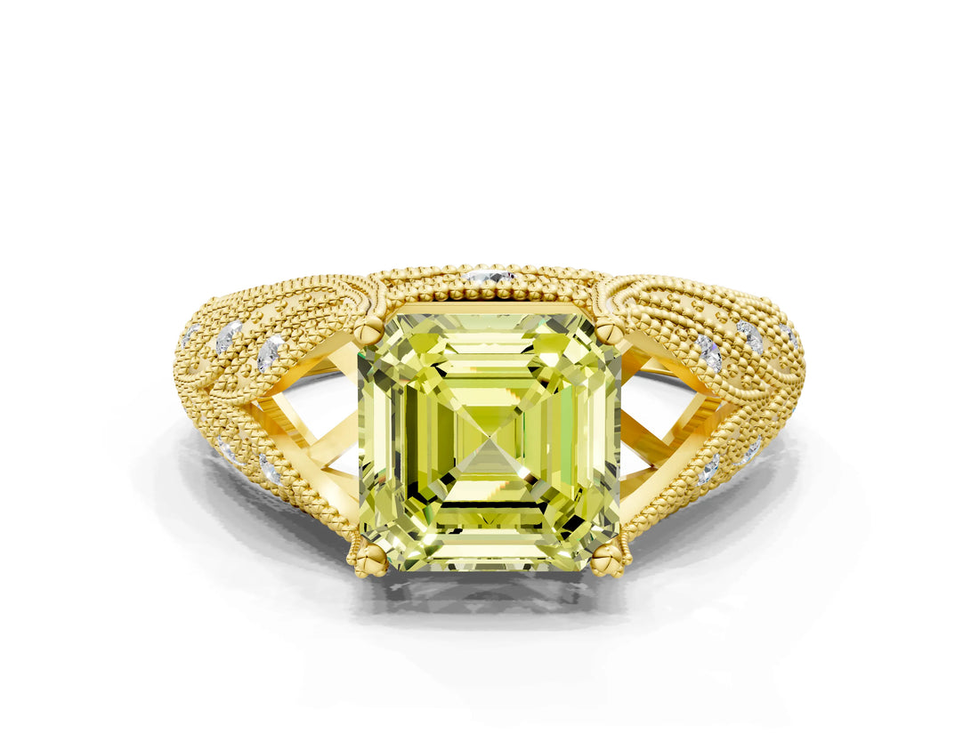 Yellow gold Fancy Yellow Asscher Cut Cut Milgrain Pave Diamond Engagement Ring with Four-Prong Setting_15