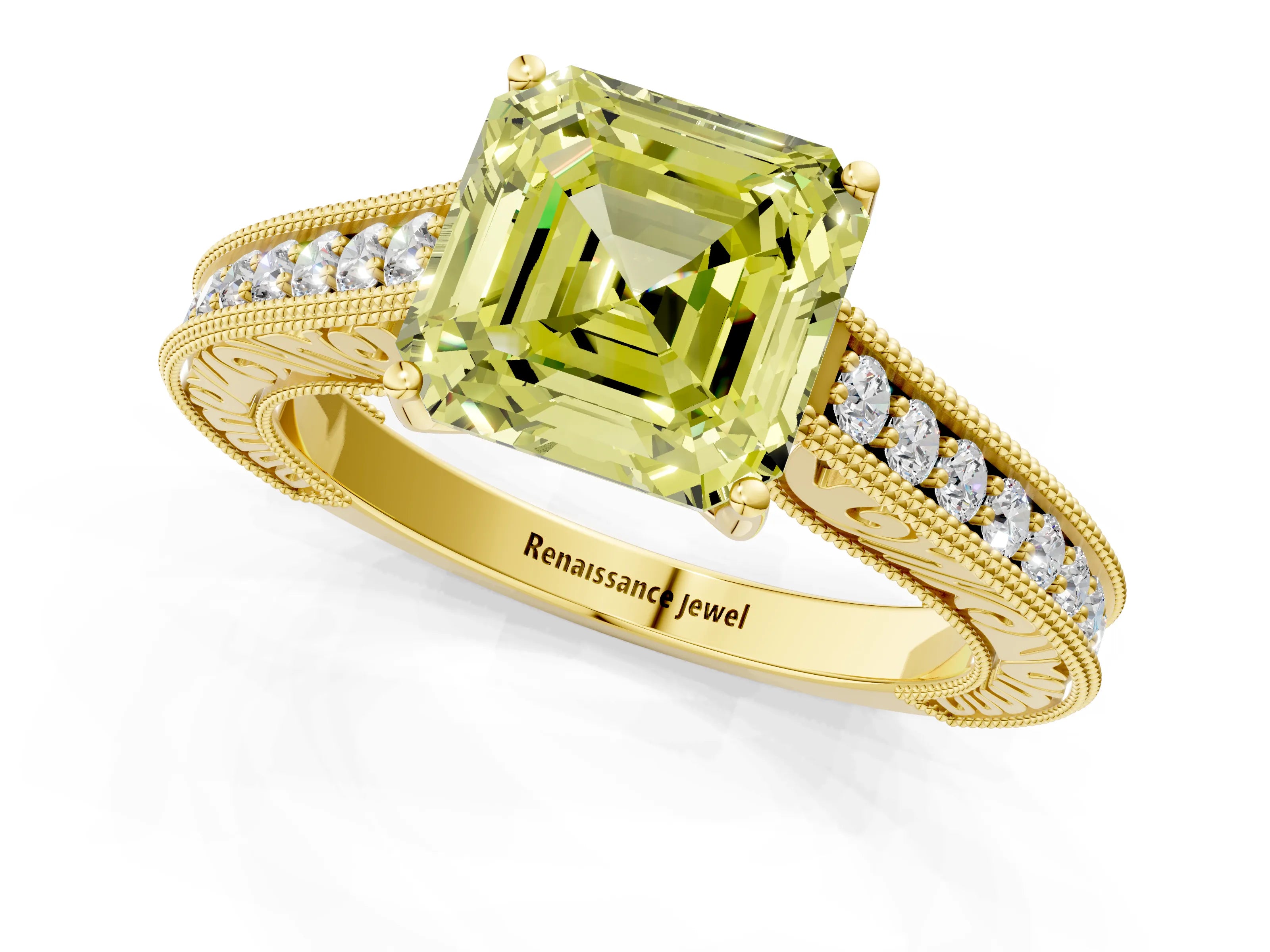 Yellow gold Fancy Yellow Asscher Cut Cut Pave Band Milgrain Solitaire Ring_1
