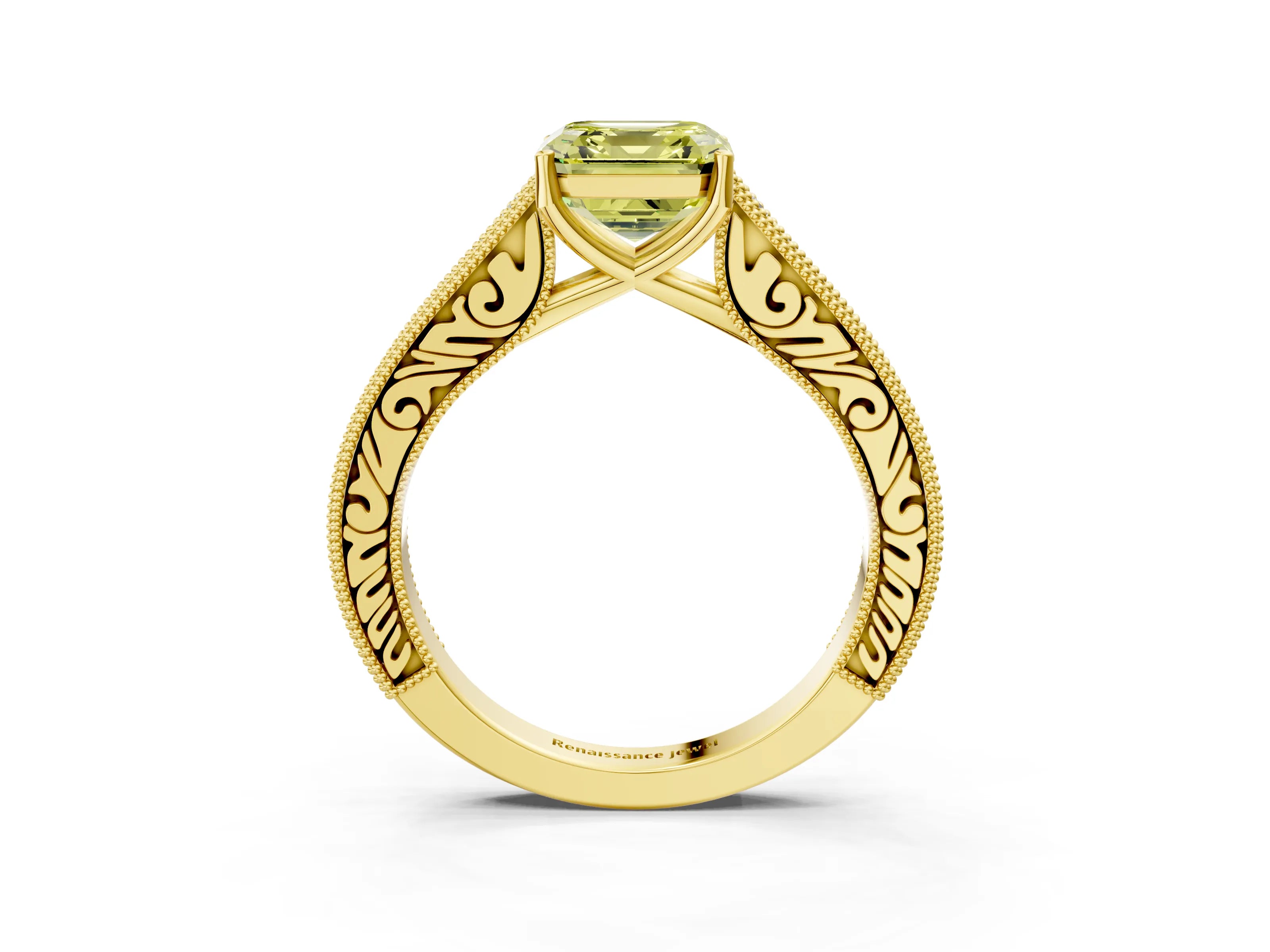 Yellow gold Fancy Yellow Asscher Cut Cut Pave Band Milgrain Solitaire Ring_3
