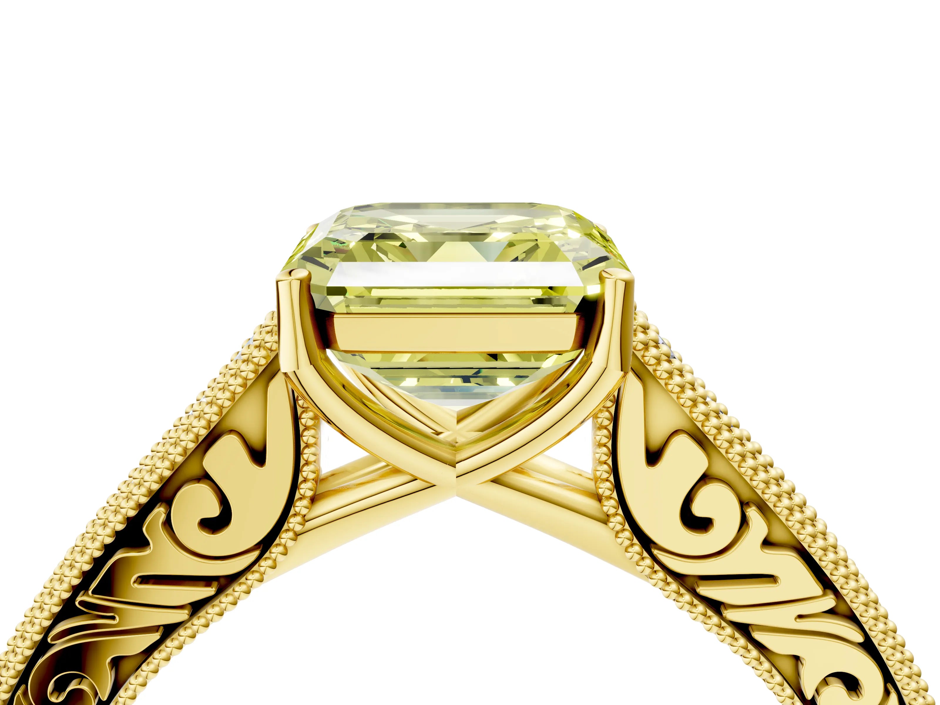Yellow gold Fancy Yellow Asscher Cut Cut Pave Band Milgrain Solitaire Ring_4