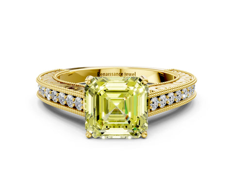 Yellow gold Fancy Yellow Asscher Cut Cut Pave Band Milgrain Solitaire Ring