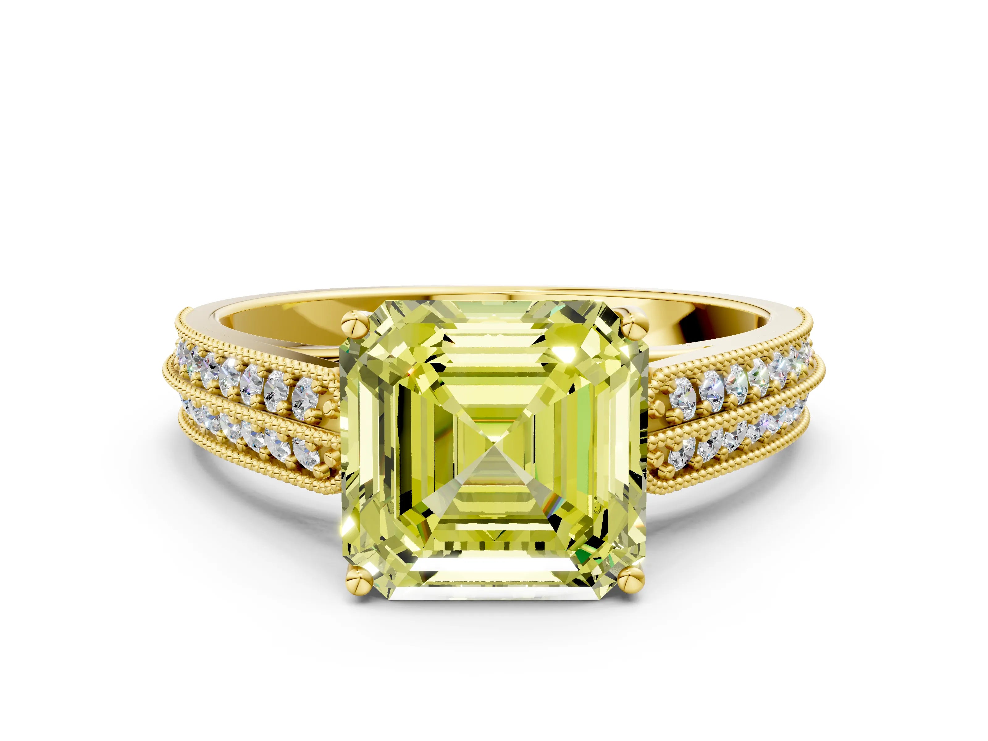 Yellow gold Fancy Yellow Asscher Cut Cut Pave Split Shank Engagement Ring with Four-Prong Setting