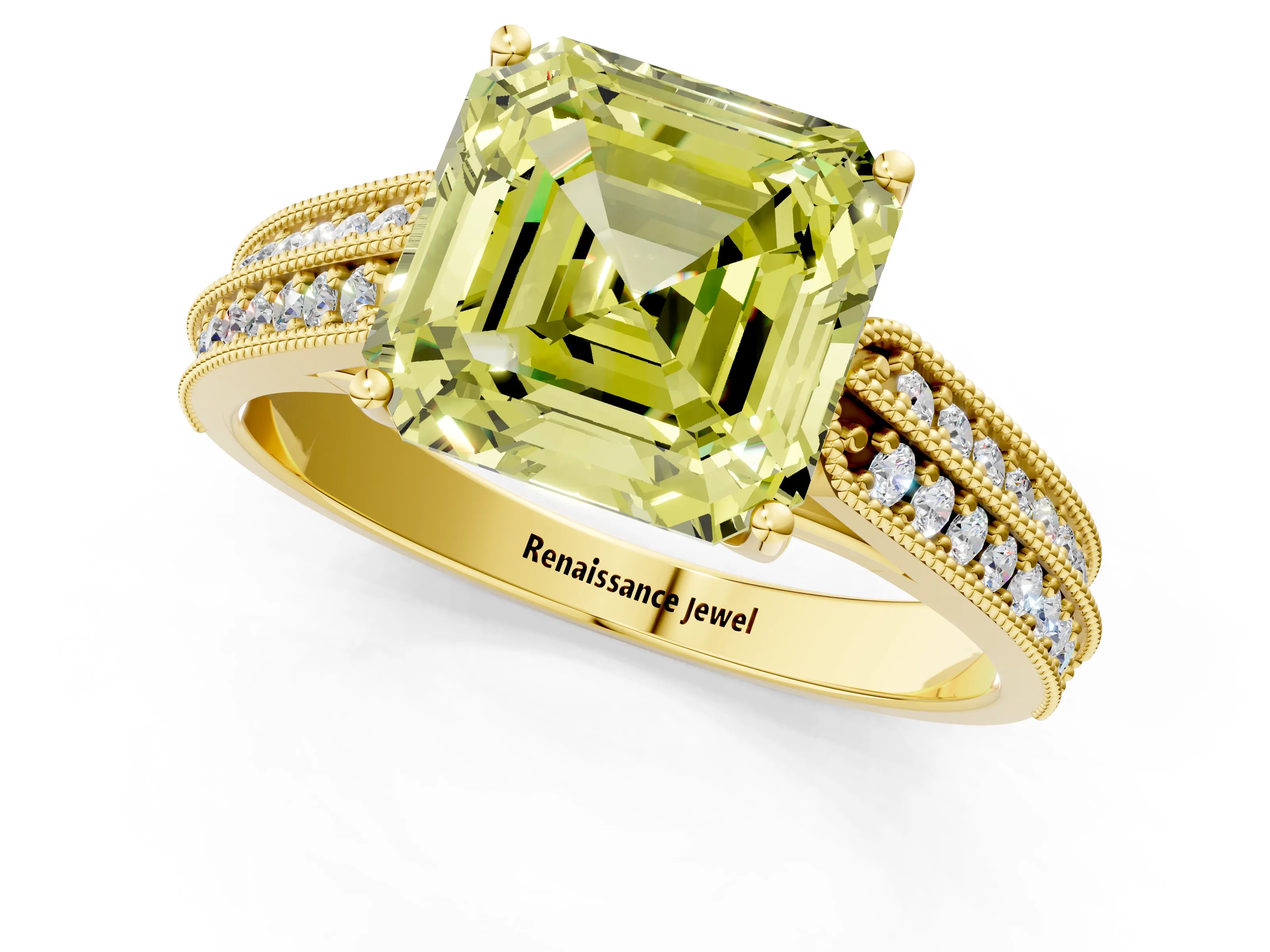Yellow gold Fancy Yellow Asscher Cut Cut Pave Split Shank Engagement Ring with Four-Prong Setting_1