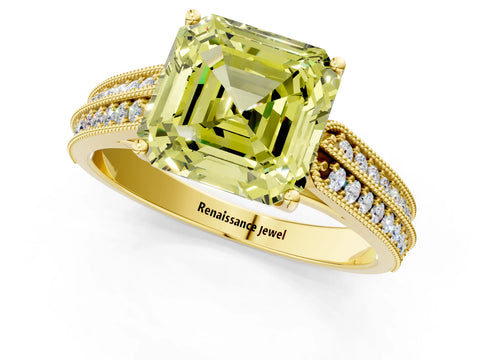 Yellow gold Fancy Yellow Asscher Cut Cut Pave Split Shank Engagement Ring with Four-Prong Setting_1