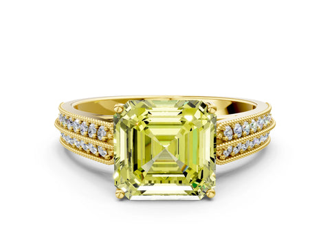 Yellow gold Fancy Yellow Asscher Cut Cut Pave Split Shank Engagement Ring with Four-Prong Setting