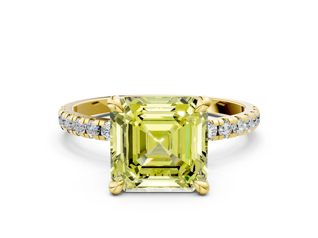 Yellow gold Fancy Yellow Asscher Cut Diamond Brilliant Solitaire Ring with Pavé Band and Four-Prong Setting_12