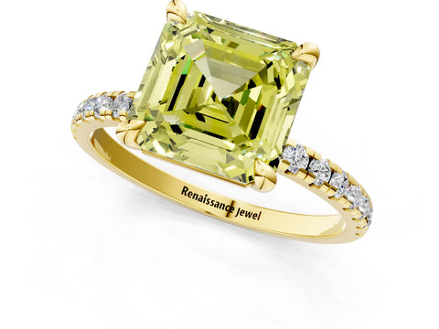 Yellow gold Fancy Yellow Asscher Cut Diamond Brilliant Solitaire Ring with Pavé Band and Four-Prong Setting_1