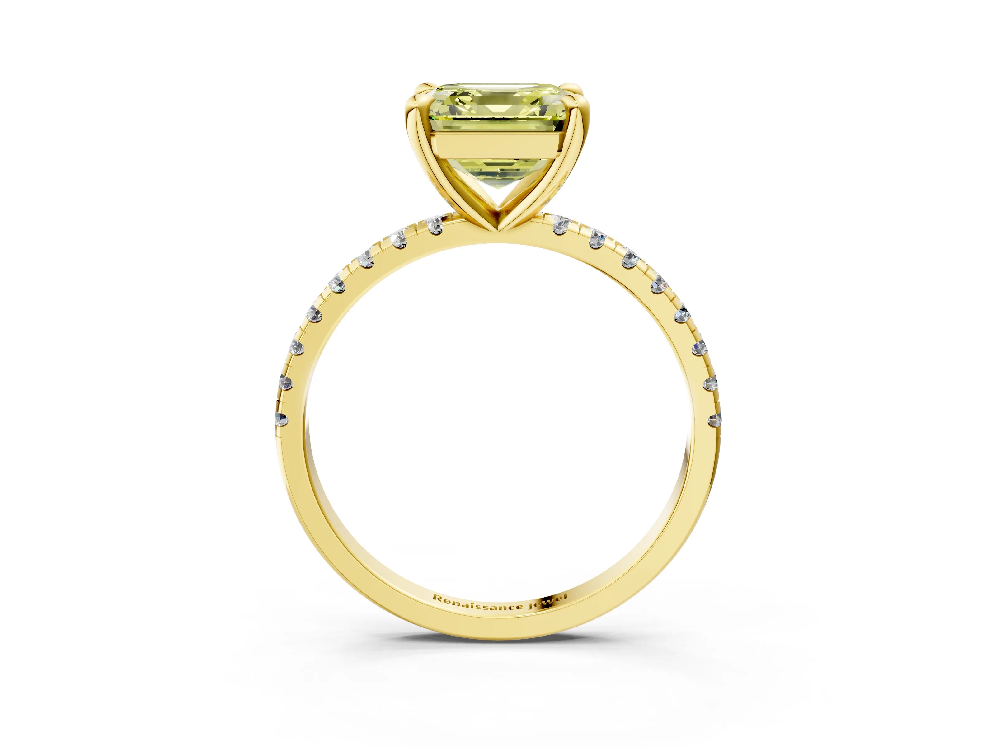Yellow gold Fancy Yellow Asscher Cut Diamond Brilliant Solitaire Ring with Pavé Band and Four-Prong Setting_3