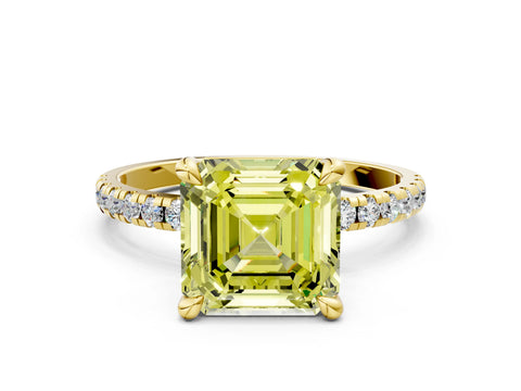 Yellow gold Fancy Yellow Asscher Cut Diamond Brilliant Solitaire Ring with Pavé Band and Four-Prong Setting