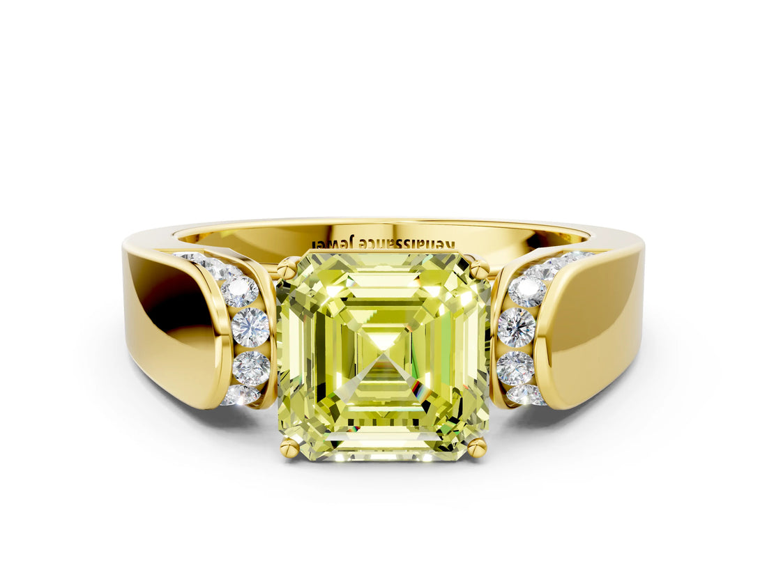 Yellow gold Fancy Yellow Asscher Cut Diamond Channel Set Solitaire Ring with Four-Prong Setting_12