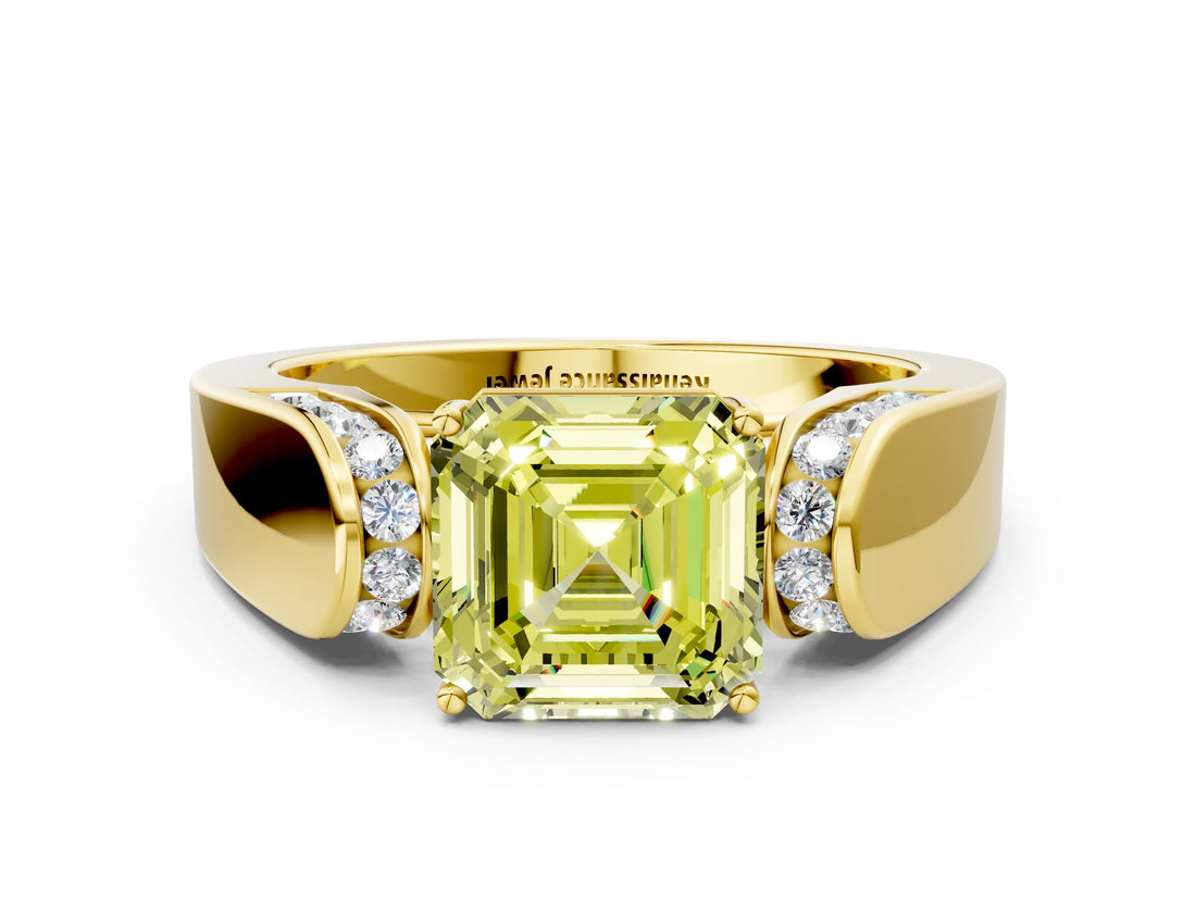 Yellow gold Fancy Yellow Asscher Cut Diamond Channel Set Solitaire Ring with Four-Prong Setting_24