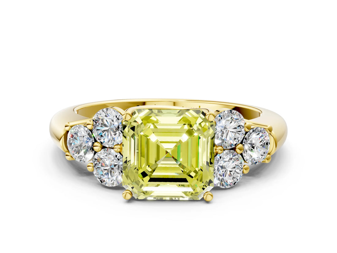 Yellow gold Fancy Yellow Asscher  Cut Diamond Cluster Ring with Round Accent Stones and Prong Setting on a Classic Band_57