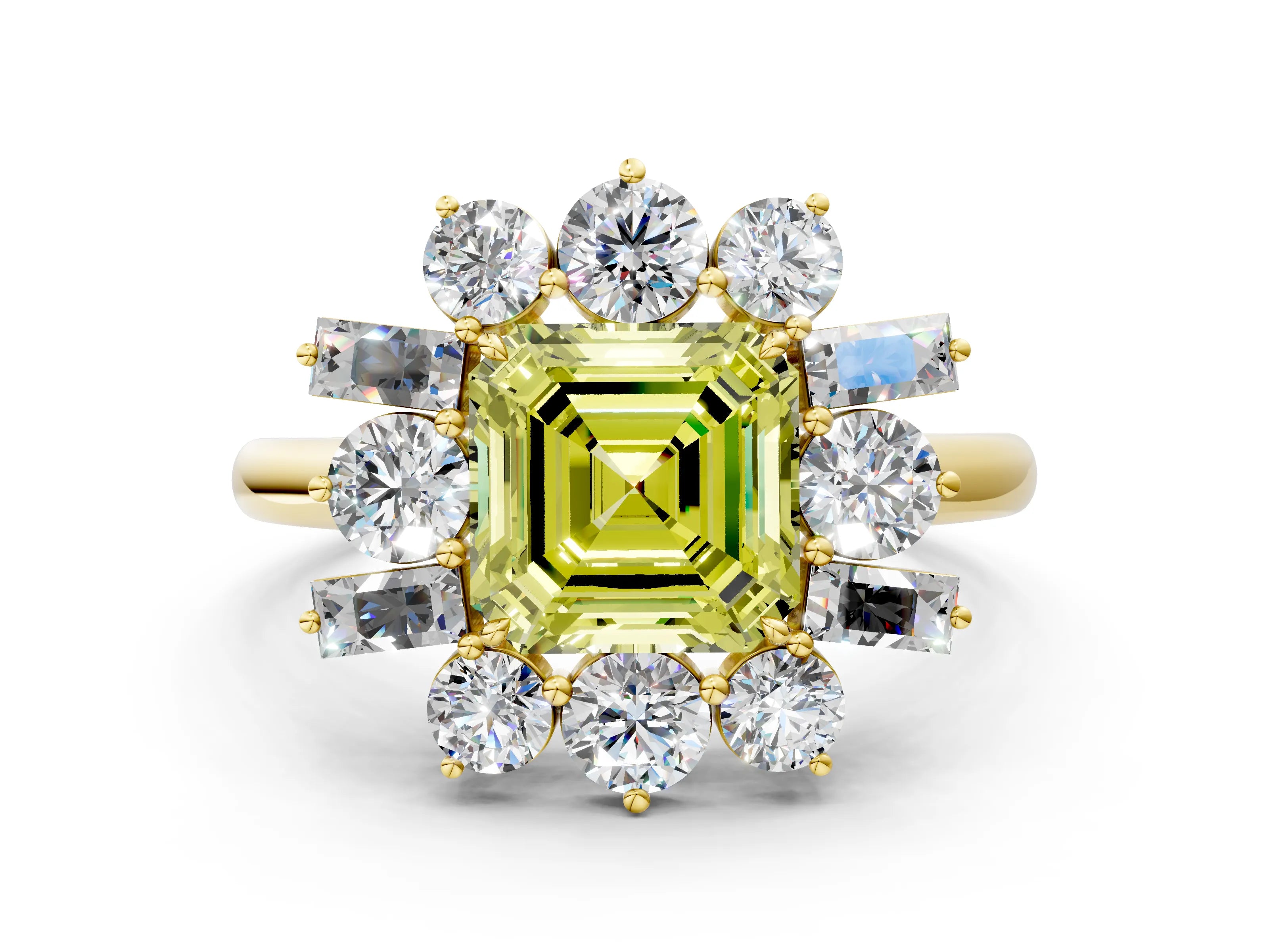 Yellow gold Fancy Yellow Asscher Cut Diamond Cluster Ring with Round and Baguette Stones, Split Shank Band, Prong Setting