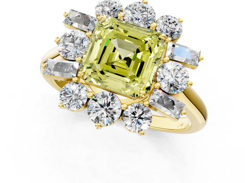 Yellow gold Fancy Yellow Asscher Cut Diamond Cluster Ring with Round and Baguette Stones, Split Shank Band, Prong Setting_1
